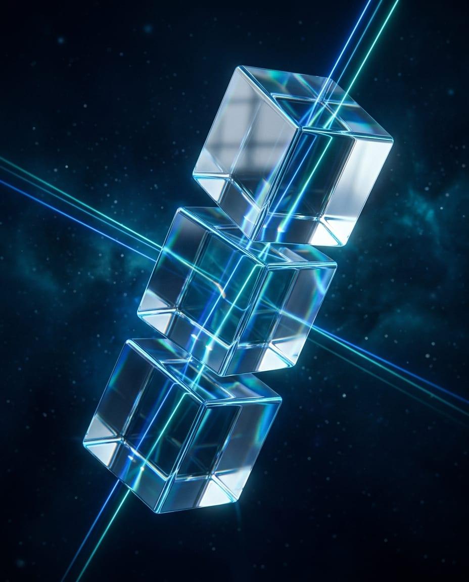 Three glass cubes threaded by beams of light — connect, configure, run.